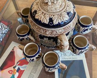 Antique Wine Tureen Cider/Ale with 6 Mugs, Germany