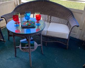 Antique Wicker Love Seat Cushions, Antique Wicker Occasional Table