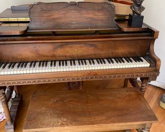 Antique 1920's Mahogany Carved Baby Grand Piano. Soundboard is Cracked.