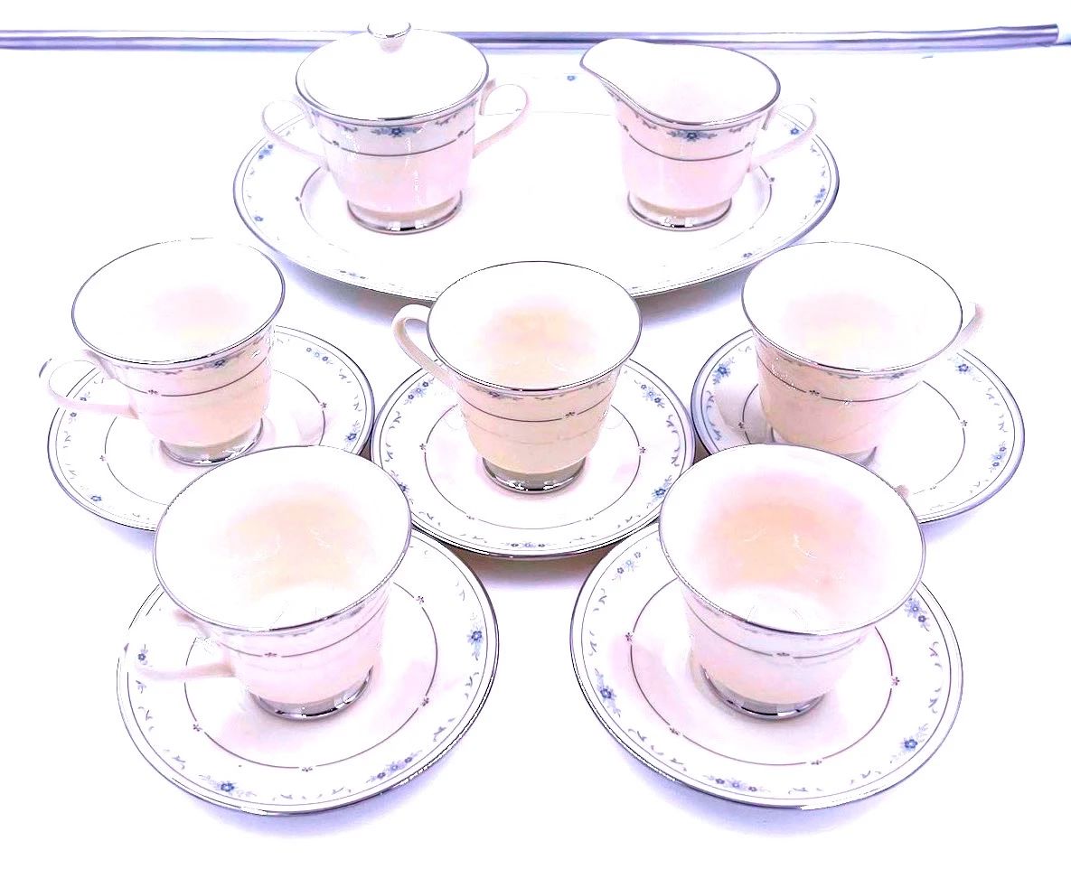  02 Lenox Carolina Blue Flowers 35Piece Fine China Set  Platinum Trim 
