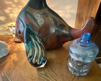 pottery fish, art glass paperweight