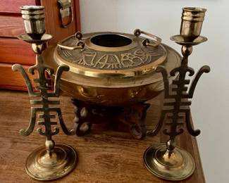 Pair of brass candlesticks and covered pot