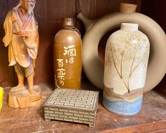 pottery pieces, brass box, carved Asian figure
