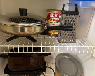electric skillet, crock pot, vintage steak platters with wood trays