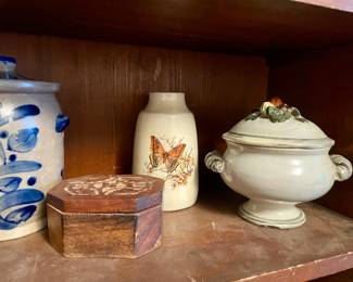 pottery, inlaid wood box