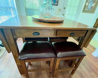 bar height drop leaf dining table with 4 bar stools, oak lazy susan