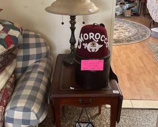 Small Table, lamp, Vintage Morocco Hat w/ tassel