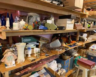 Shelves of collectible and decor items. 