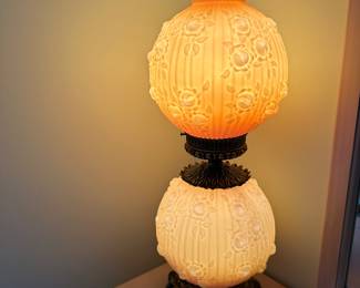 Fenton Oversized Uranium Burmese , "Gone with the Wind" Lamp, Cabbage and Rose 