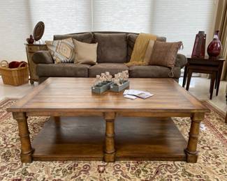Ethan Allen Delphi Coffee Table, Ethan Allen Lark Nesting Tables, Burgundy Vase, Persian style area rug, Ethan Allen sofa, Wicker basket