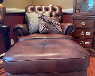 Ethan Allen Leather Chair & Ottoman (BL),  Throw Pillows