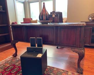 Seven Seas by Hooker writing desk, Reverse Painted Snake Bowl, Metal Footed Vase, Monitor audio mrw-10 subwoofer, Sony speakers SS-CT71 SS-TS72, Solar lighted grapevine ball, Sam Moore Office Chair, Huskeniene Navajo Vase