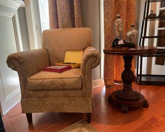 Ethan Allen Pineapple Side Table, Ethan Allen Accent Chair (B), Carved Hand Wall Hanging