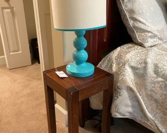 Wood Accent Table, Blue Table Lamp