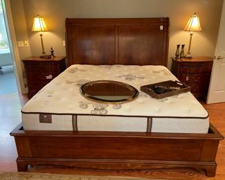 Thomasville Sleigh Bed Frame (BL), Stearns & Foster King Mattress, Black and gold oval mirror, Table Lamps Thomasville Side Table B (BL), Thomasville Side Table A (BL)