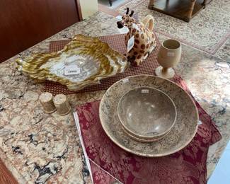 Arda Glassware Oyster Plate, Blue Sky Giraffe Teapot, Marble bowls and cup