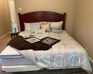 Sealy King Posturepedic Mebane Mattress, Wood King Headboard, Waterford Comforter & Shams, Throw Pillows & Blanket, C.T. Wong Graphic Prints, Wood Accent Table, Blue Table Lamp