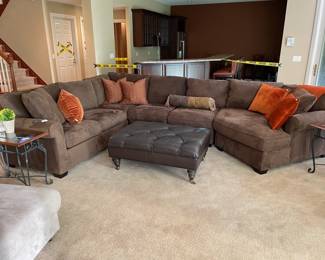 Art Van Brown Sectional Couch, Ethan Allen Leather Ottoman, Natuzzi Italian Plush Chair with Ottoman, Wrought Iron and Glass Side Tables (A and B)