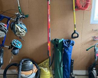  Ridgid shop vac, Tools like rakes, shovels, brooms, crowbar, lightbulb changer, 