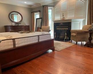 Marble Jar with Lid, Thomasville Sleigh Bed Frame (BL), Ballard Design Metal Etagere, Stearns & Foster King Mattress, Ethan Allen Pineapple Side Table, Arm Ethan Allen Accent Chair (A) & (B), Carved Hand Wall Hanging, 	Fetco floor mirror, Wood oval mirror,Thomasville Wide Dresser (BL), Brushed nickel pedestal bowl