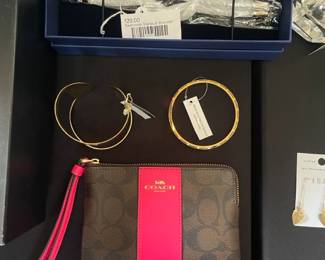 Swarovski Stardust Bracelet, Coach Khaki Pink & Ruby Wristlet, Ten Thousand Villages earrings