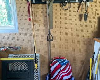 Tools like rakes, shovels, brooms, crowbar, lightbulb changer