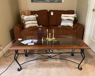 Pull Out Sofa Sleeper, Wrought Iron and Glass Coffee Table, Baldwin Candlesticks, Candle Snuffer
