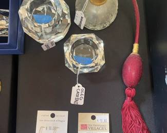 Ten Thousand Villages earrings, Oleg Cassini votive holder,  Waterford Perfume Atomizer
