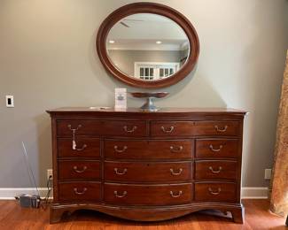 Wood oval mirror,Thomasville Wide Dresser (BL), Brushed nickel pedestal bowl