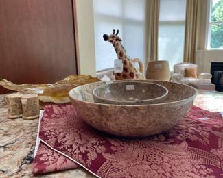 Blue Sky Giraffe Teapot, Marble bowls and cup