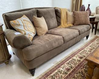 Ethan Allen Sofa, Ethan Allen Lark Nesting Tables, Burgundy Vase, Persian style area rug, Throw Pillows