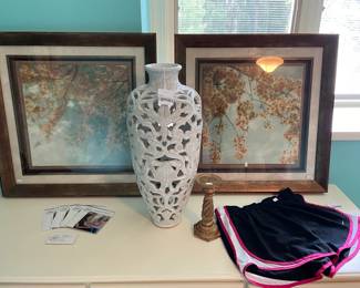 Pottery Barn Dresser, Large Reticulated Vase, Framed Art