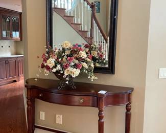 Mirror, Bassett Mahogany Console Table, Faux Flower Arrangement
