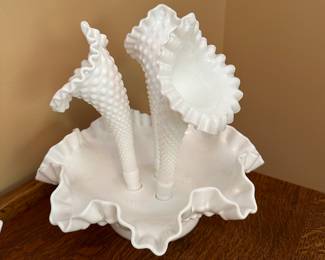 Fenton Diamond & Lace Espergne Hobnail 3 Horn , White Milk Glass