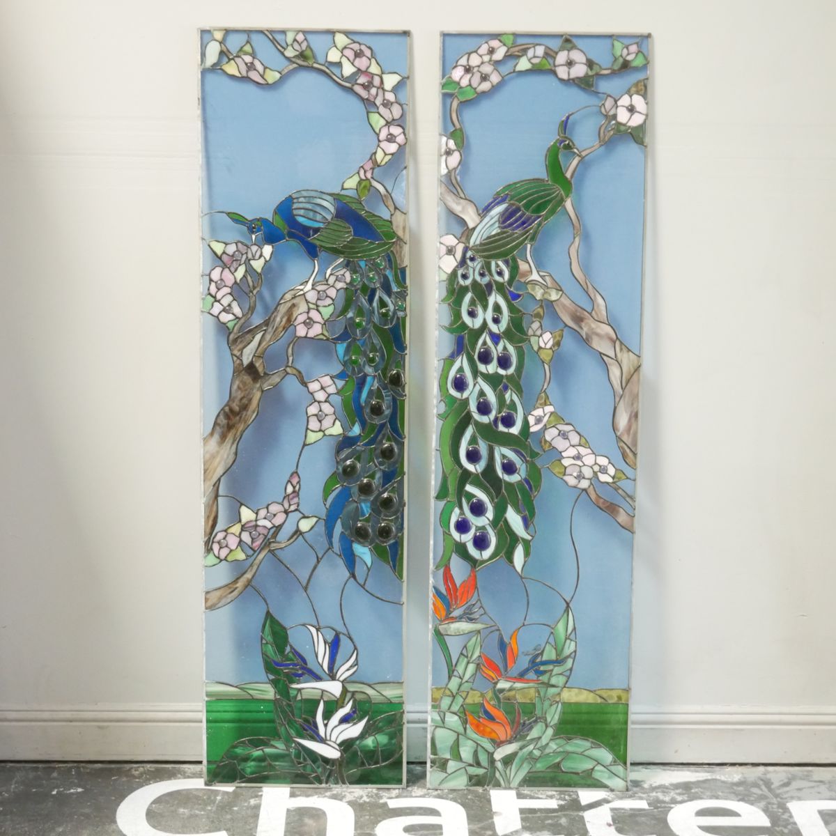 Pair Of Extra Large Stained Glass Panels Royal Peacock Design