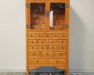 Unique Pine Wood Apothecary Display Cabinet w/Glass Doors & 32 Drawers