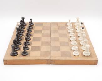 Vintage Soviet Folding Wooden Board Chess Set