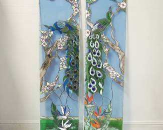 Pair Of Extra Large Stained Glass Panels Royal Peacock Design