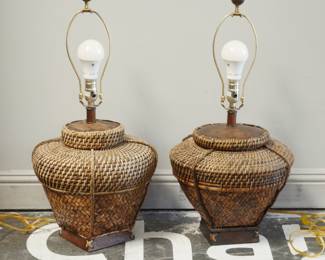 Pair Of Mid Century Southeast Asian Rattan Table Lamps w/ Square Wooden Base