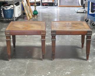 Pair Of Louis XVI Oak Parquet Side Tables w/ Hand Carved Legs