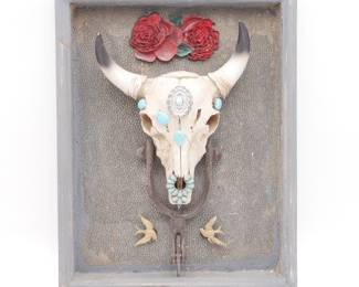 Framed Handmade Art Cow Skull w/ Roses & Birds Decorations