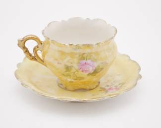 Yellow Fine China Floral Motif Teacup and Saucer