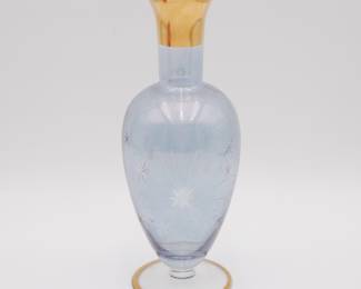 Vintage Starburst Cut Light Blue Glass Decanter w/ Gold Rim
