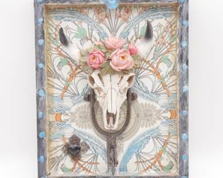 Framed Handmade Art Cow Skull w/ Flowers & Skull Decorated Frame
