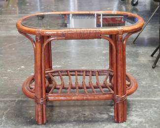 Vintage Oval Bamboo Coffee Table w/ Glass Top