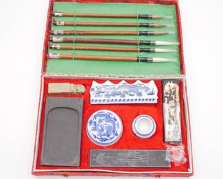 Large Chinese Calligraphy Set In Green Box