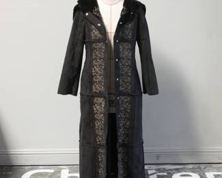 Ladies Bebe Long Black Shearling Lined Coat w/ Gold Emboidered Details