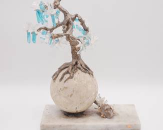 Wire Art Crystal Tree On Travertine Ball w/ Artist Sgnature