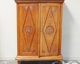 Indonesian Carved Teak Cabinet w/Diamonds & Radiating Motifs