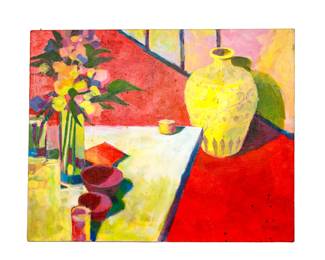 146  MID CENTURY STILL LIFE ACRYLIC SIGNED H. MCCLURE